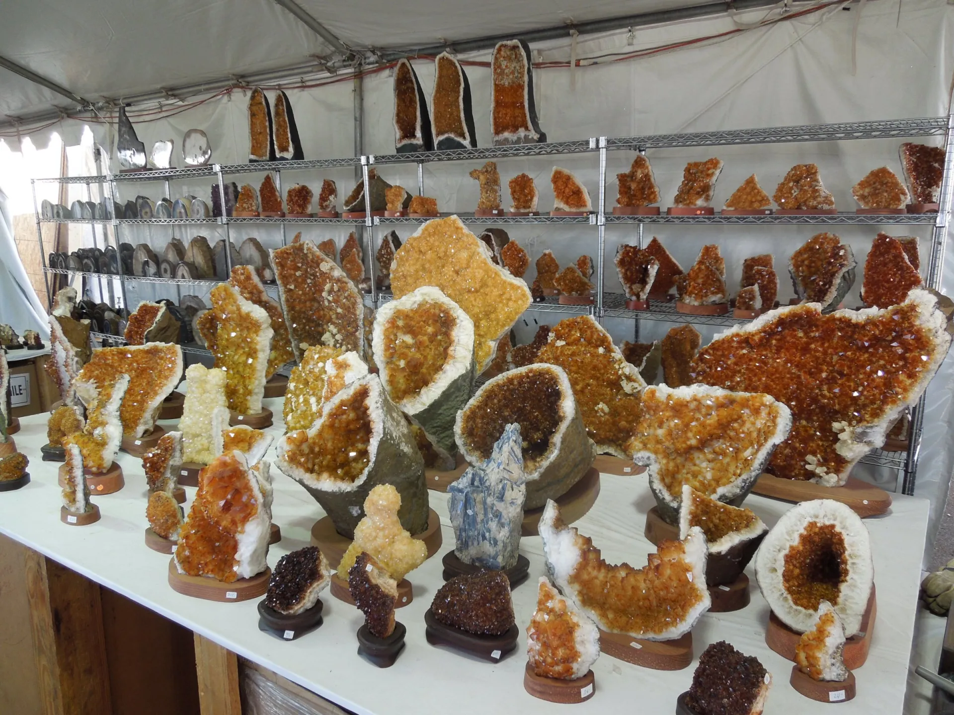 Crystal geodes on display in a show tent at the Tucson gem shows